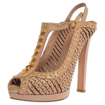 Pre Owned Alexander McQueen Beige Leather Studded Slingback Platform Sandals Size 38