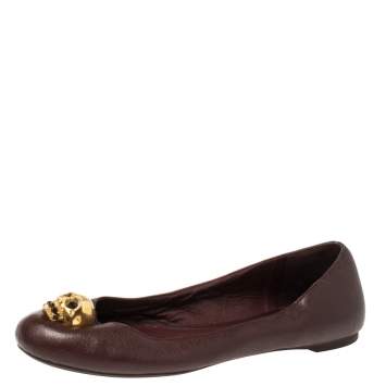 Pre Owned Alexander McQueen Burgundy Leather Skull City Ballet Flats Size 38
