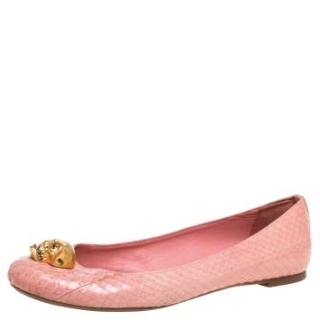 Pre Owned Alexander McQueen Pink Python Leather Skull City Ballet Flats Size 38