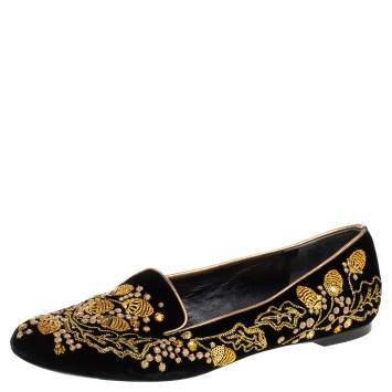 Pre Owned Alexander McQueen Black/Gold Velvet Embroidered Acorn Smoking Slippers Size 36