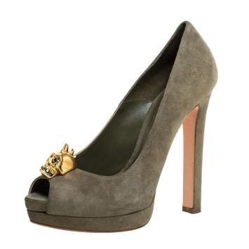 Pre Owned Alexander McQueen Olive Green Suede Taupe Skull Peep Toe Pumps Size 36.5