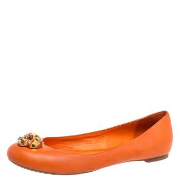 Pre Owned Alexander McQueen Orange Leather Skull Ballet Flats Size 38.5