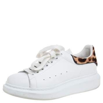Pre Owned Alexander McQueen White Leather And Leopard Print Pony Hair Sneakers Size 38