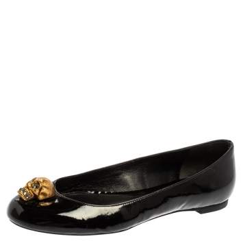Pre Owned Alexander McQueen Black Patent Leather Embellished Skull City Ballet Flats Size 36
