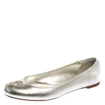 Pre Owned Alexander McQueen Silver Sequin Skull Ballet Flats Size 40