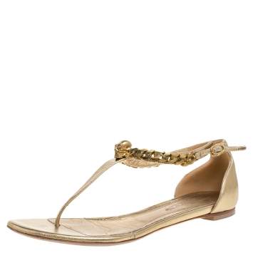 Pre Owned Alexander McQueen Gold Leather Skull Chain Thong Flat Sandals Size 39