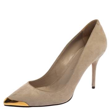 Pre Owned Alexander McQueen Beige Suede Leather Embellished Pointed Toe Pumps Size 37.5