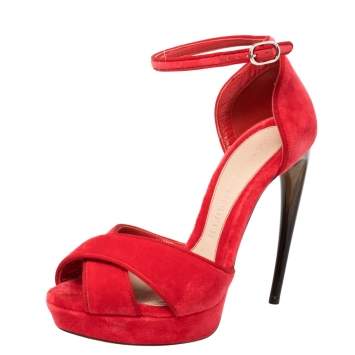 Pre Owned Alexander McQueen Red Velvet Horn Heel Ankle Strap Platform Sandals Size 36