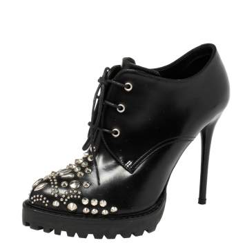 Pre Owned Alexander McQueen Black Leather Studded Ankle Boots Size 36
