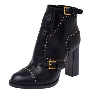 Pre Owned Alexander McQueen Black Leather Studded Block Heel Ankle Boots Size 36