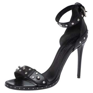 Pre Owned Alexander McQueen Black Studded Leather Ankle Strap Sandals Size 38