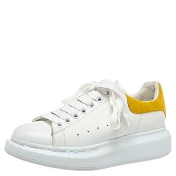Pre Owned Alexander McQueen White/Yellow Leather And Suede Oversized Sneakers Size 37.5
