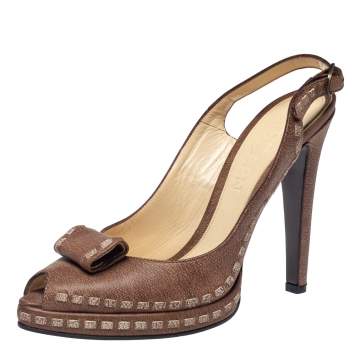 Pre Owned Alexander McQueen Brown Leather Peep Toe Slingback Sandals Size 39