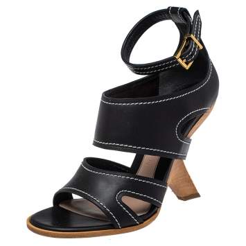 Pre Owned Alexander McQueen Black Leather Topstitched Ankle Strap Sandals Size 40