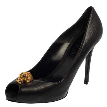 Pre Owned Alexander McQueen Black Leather Skull Peep Toe  Pumps Size 40.5