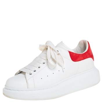 Pre Owned Alexander McQueen White/Red Leather And Suede Oversized Low Top Sneakers Size 36.5