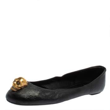 Pre Owned Alexander McQueen Black Leather Skull Ballet Flats Size 39