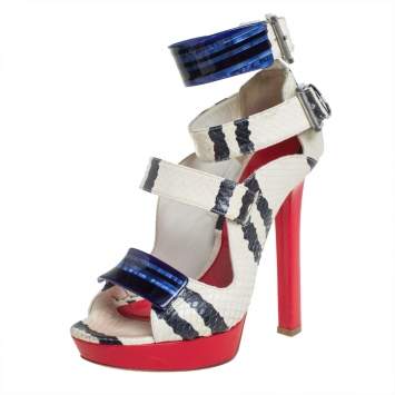 Pre Owned Alexander McQueen Multicolor Python And Leather Platform Ankle Strap Sandals Size 38