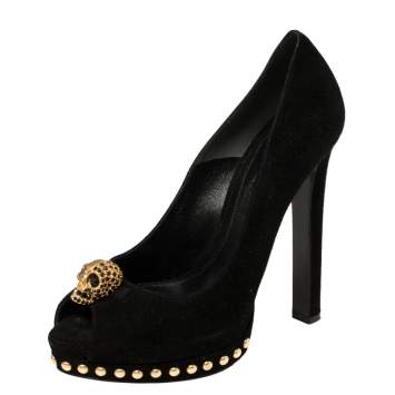 Pre Owned Alexander McQueen Black Suede Crystal Embellished Skull Peep Toe Platform Pumps Size 37