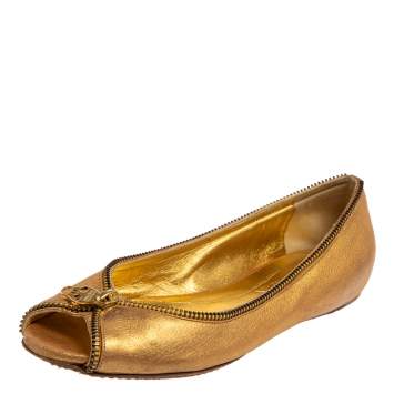 Pre Owned Alexander McQueen Metallic Gold Leather Skull Zip Detail Peep Toe Ballet Flats Size 37.5