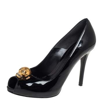 Pre Owned Alexander McQueen Black Patent Leather Crystal Embellished Skull Peep Toe Pumps Size 37