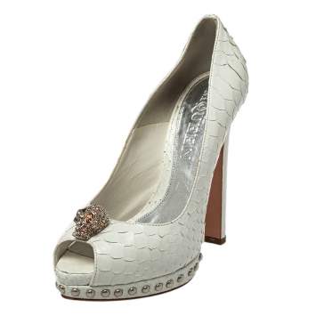 Pre Owned Alexander McQueen Python Skull Studded Peep Toe Platform Pumps Size 38 