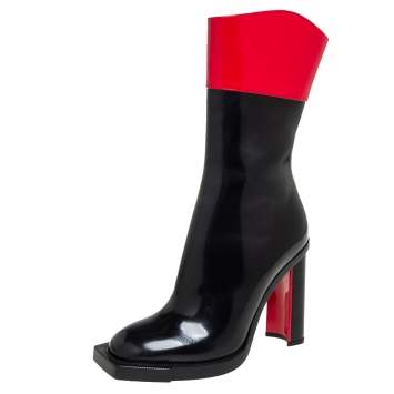 Pre Owned Alexander McQueen Red/Black Patent Leather Calf Length Boots Size 38.5