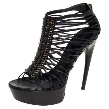 Pre Owned Alexander McQueen Black Leather Strappy Platform Sandals Size 39.5