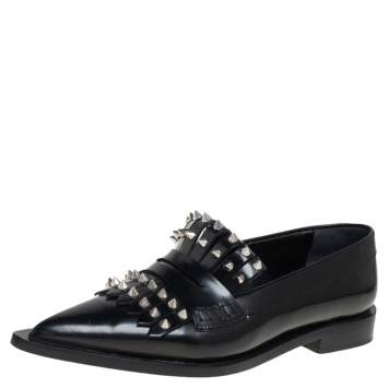 Pre Owned Alexander McQueen Black Leather Studded Pointed-Toe Loafer Size 36
