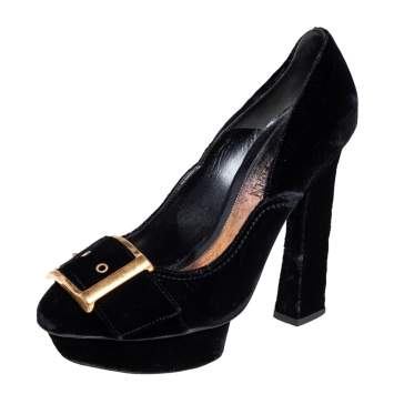 Pre Owned Alexander McQueen Black Velvet Buckle Platform Pumps Size 39