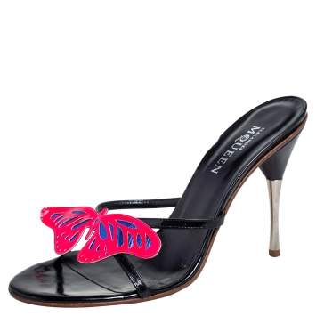 Pre Owned Alexander McQueen Black Patent Leather Butterfly Slide Sandals Size 40