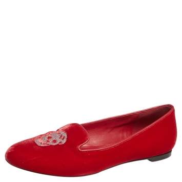 Pre Owned Alexander McQueen Red Velvet Skull Smoking Slippers Size 36