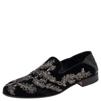 Pre Owned Alexander McQueen Black Velvet And Leather Embroidered Detail Loafers Size 42 