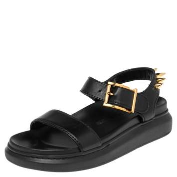 Pre Owned Alexander McQueen Black Leather Spike Platform Sandals Size 36.5