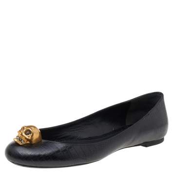 Pre Owned Alexander McQueen Black Lizard Embossed Leather Embellished Skull City Ballet Flats Size 37.5