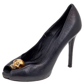 Pre Owned Alexander McQueen Black Leather Crystal Embellished Skull Peep Toe Pumps Size 36