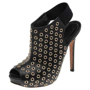 Pre Owned Alexander McQueen Black Leather Grommet Peep Toe Ankle Slingback Boots Size 36