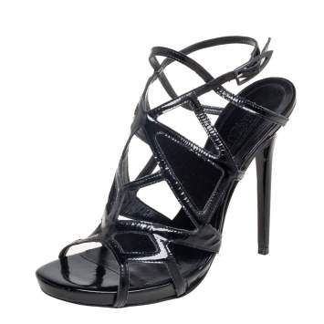 Pre Owned Alexander McQueen Black Patent Leather and Suede Caged Sandals Size 39