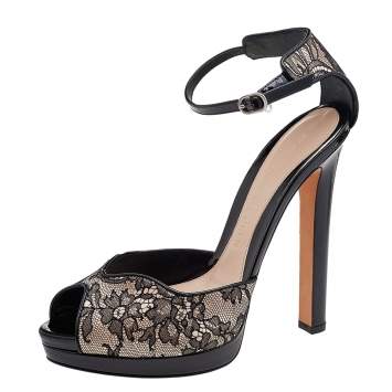 Pre Owned Alexander McQueen Black/Blush Pink Lace And Satin Ankle Strap Platform Sandals Size 39