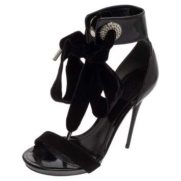 Pre Owned Alexander McQueen Black Patent Leather, Suede and Velvet Bow Ankle Sandals Size 38