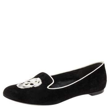 Pre Owned Alexander McQueen Black Suede Sequins Skull Smoking Slippers Size 38 