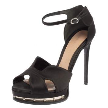 Pre Owned Alexander McQueen Black Satin Studded Platform Ankle-Strap Sandals Size 41