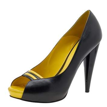 Pre Owned Alexander McQueen Black/Yellow Leather Peep Toe Pumps Size 37.5