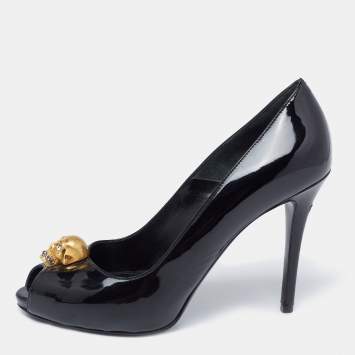 Pre Owned Alexander McQueen Black Patent Leather Peep Toe Pumps Size 39