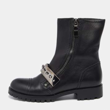Pre Owned Alexander McQueen Black Leather Metal Bar Studded Biker Boots Size 40