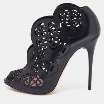 Pre Owned Alexander McQueen Black Floral Laser Cut Leather Peep Toe Booties Size 38