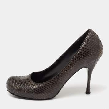 Pre Owned Alexander McQueen Dark Green Python Leather Round Toe Pumps Size 37.5