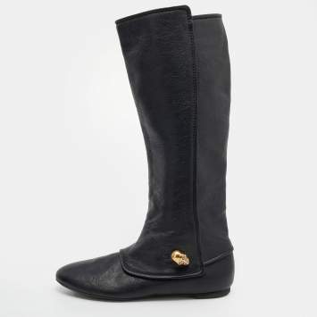 Pre Owned Alexander McQueen Black Leather Skull Charm Knee Length Boots Size 38.5
