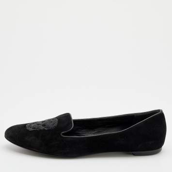 Pre Owned Alexander McQueen Black Suede Sequin Skull Smoking Slippers Size 40.5