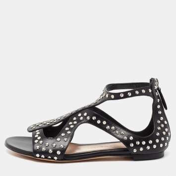 مملوكة مسبقًا Alexander McQueen Black Micro Studded Leather Cage Flat Sandals Size 38